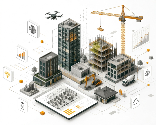 Vernetzte Baustelle mit Gebäuden, Kran, Drohne, Baumaschinen und digitalen Datensymbolen